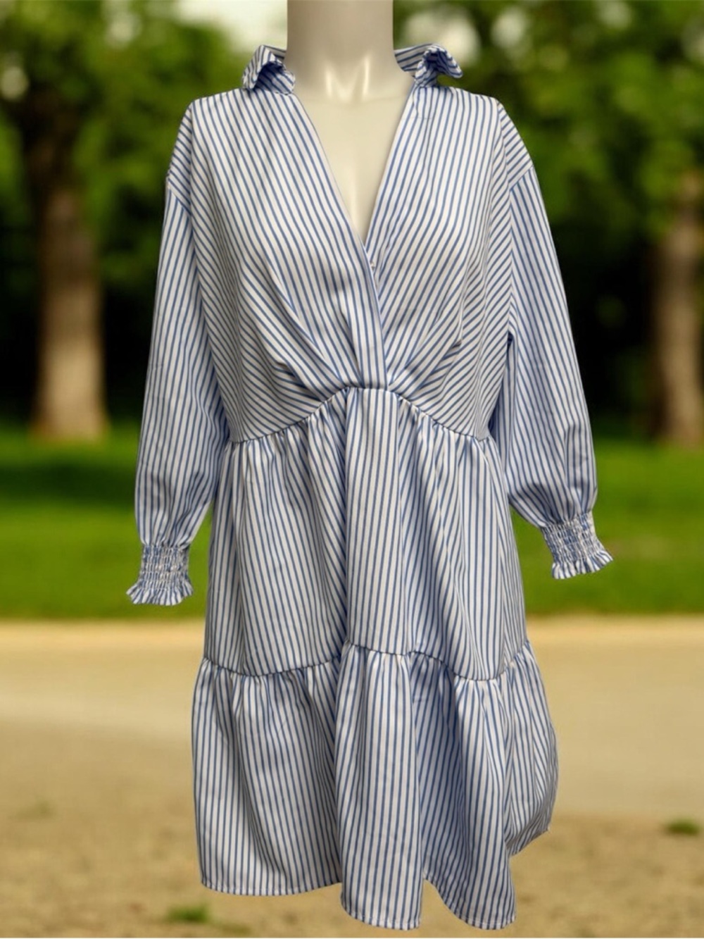 Blue and White Striped Long-Sleeve Tiered V-Neck Dress